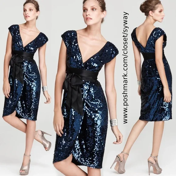 bcbg max azria blue sequin dress BCBG Max Azria 100% Silk 3 Tiered Blue Dress W/ Silver Sequin Spagetti  Strap 10